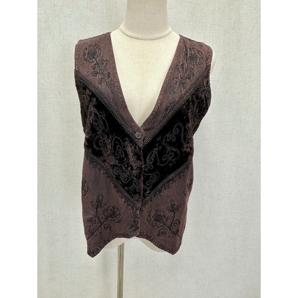 Raviya Brown Floral Embroidered Velvet Trim Rayon Vest Womens One Size Boho 90s - Picture 2 of 16